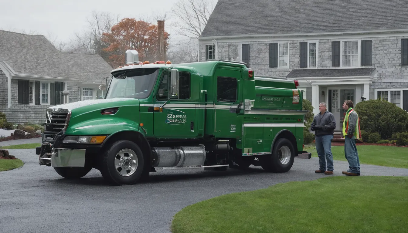 A homeowner talking with an independent septic provider beside a service truck in the Trenton area