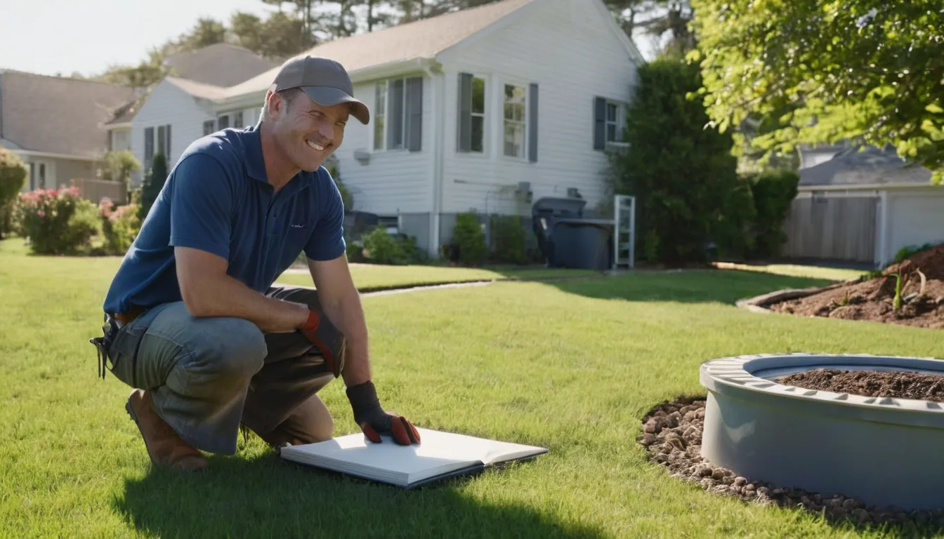 Independent septic provider inspecting a tank access lid in a residential yard in Trenton