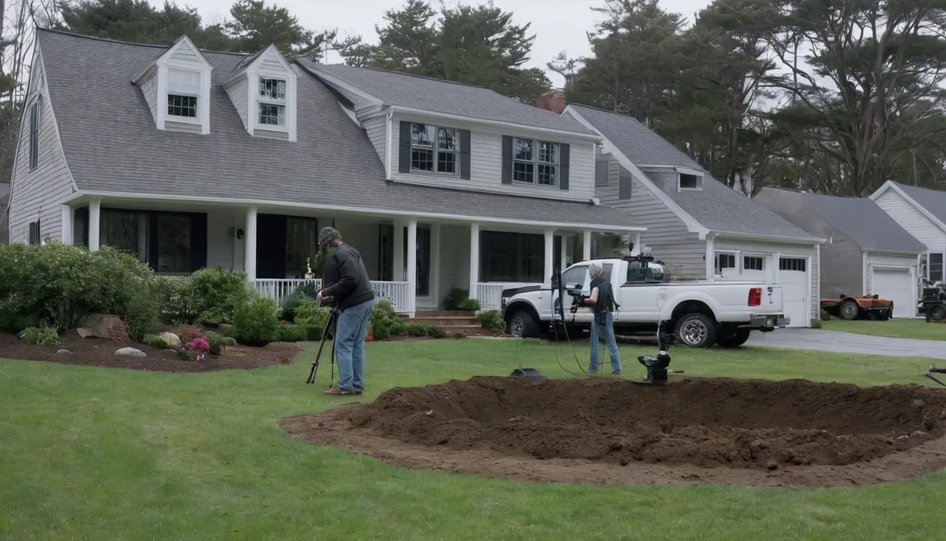 Provider reviewing sewer line camera footage with a homeowner in a Trenton yard